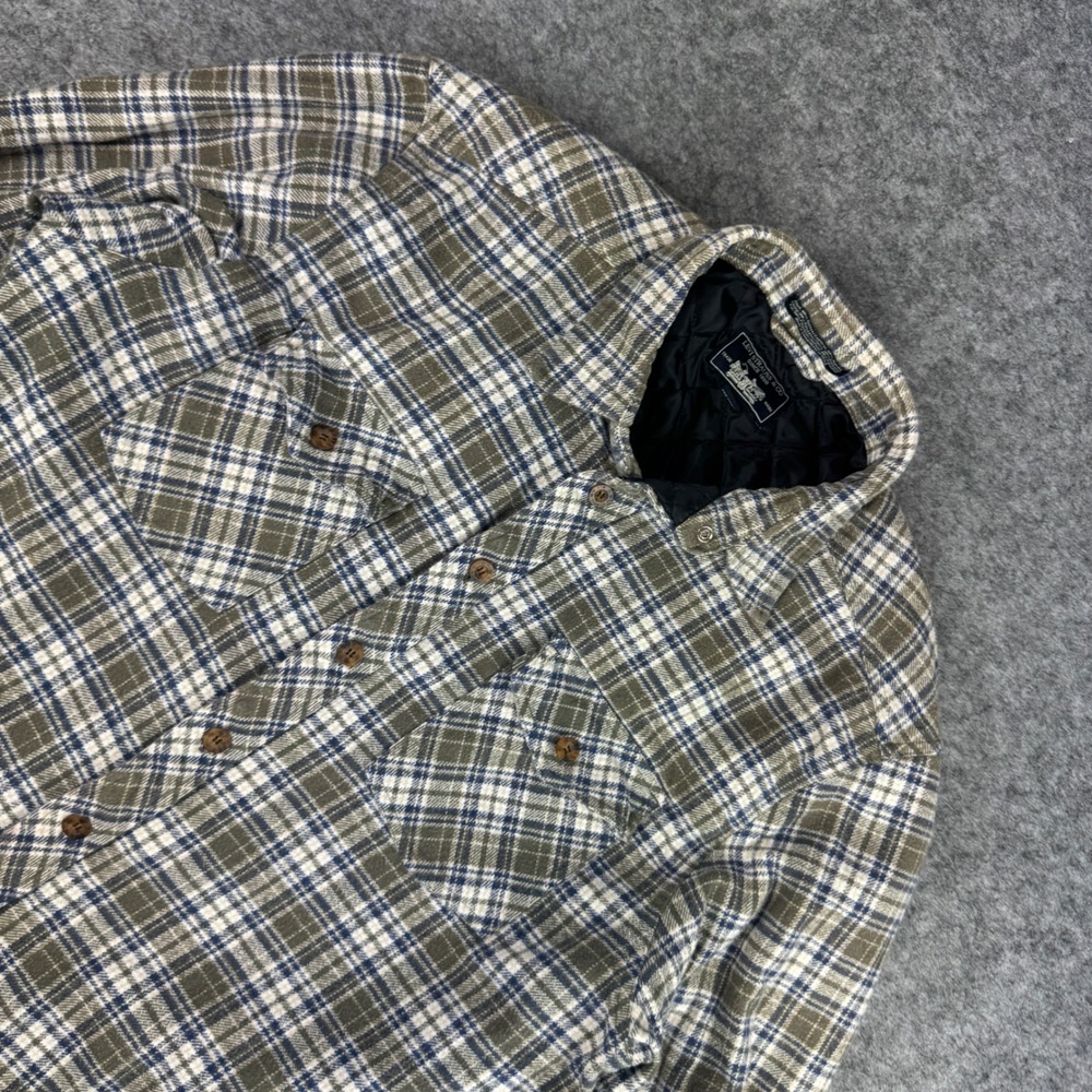 Levi Strauss Mens XL Quilted Lined Flannel Shirt Jacket Shacket Plaid Green Blue